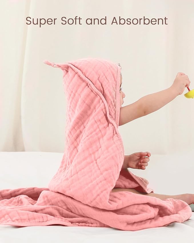 35x35 Inch 2 Pack 100% Muslin Cotton Baby Bath Towel, Hooded Baby Towels for Newborn, Soft Baby Beach Towels with Hood for Infants, Toddlers and Kids, Essentials Must Haves Dusty Pink+ White