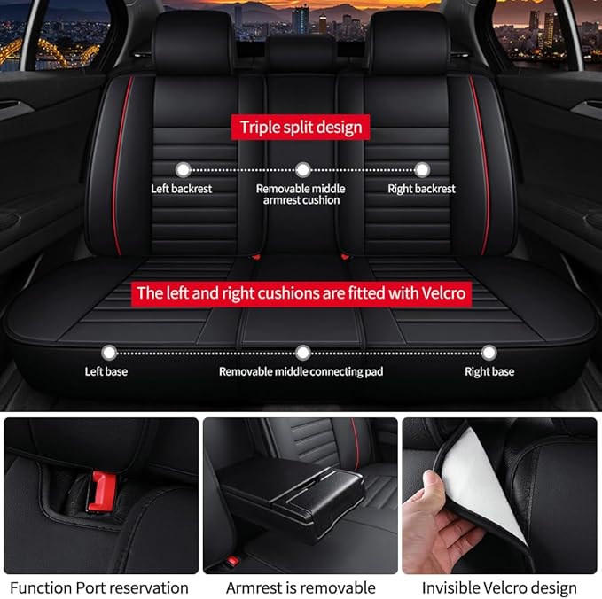 Leather Car Seat Covers for Toyota Corolla 2006-2024,Car Seat Covers Full Set,Seat Covers with Safety,Waterproof Seat Cover Compatible Airbag(5pcs Black&Red Luxury)