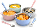 Toddler Feeding Suction Bowls and Utensils Set, 2-in-1 Stainless Steel 304 Kids Bowl & Silicone Suction Baby Bowl with Spoons and Forks, First Self-feeding Training Set, Sunrise Meadow