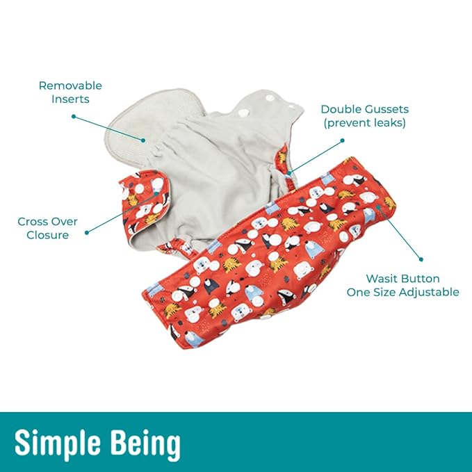 Simple Being Reusable Cloth Diapers, Double Gusset, One Size Adjustable, Washable Soft Absorbent, Waterproof Cover, Eco-Friendly Unisex Baby Girl Boy, six 4-Layers Microfiber Inserts (Christmas)