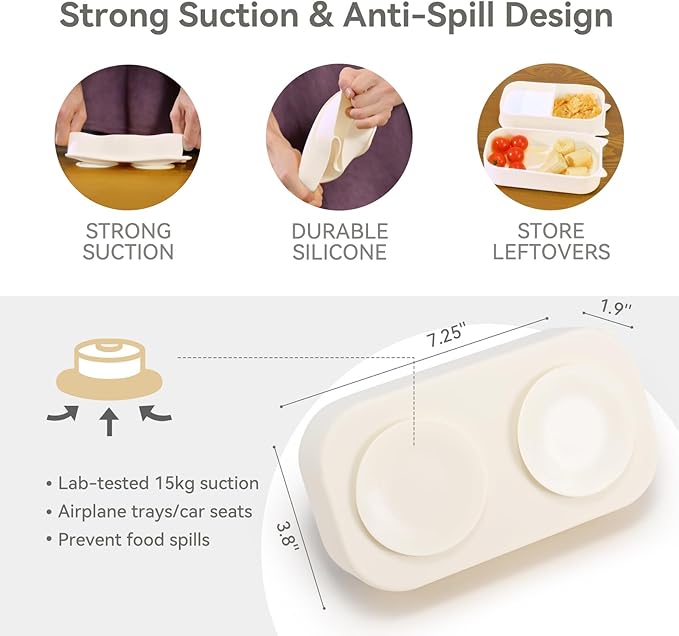 Portable Baby Plates with Suction, 6Pcs Travel Silicone Feeding Set for Toddlers, Foldable, Non-Slip Dishwasher Safe Plates & Utensils, BPA Free, Cat Design Gift Ready (Beige)