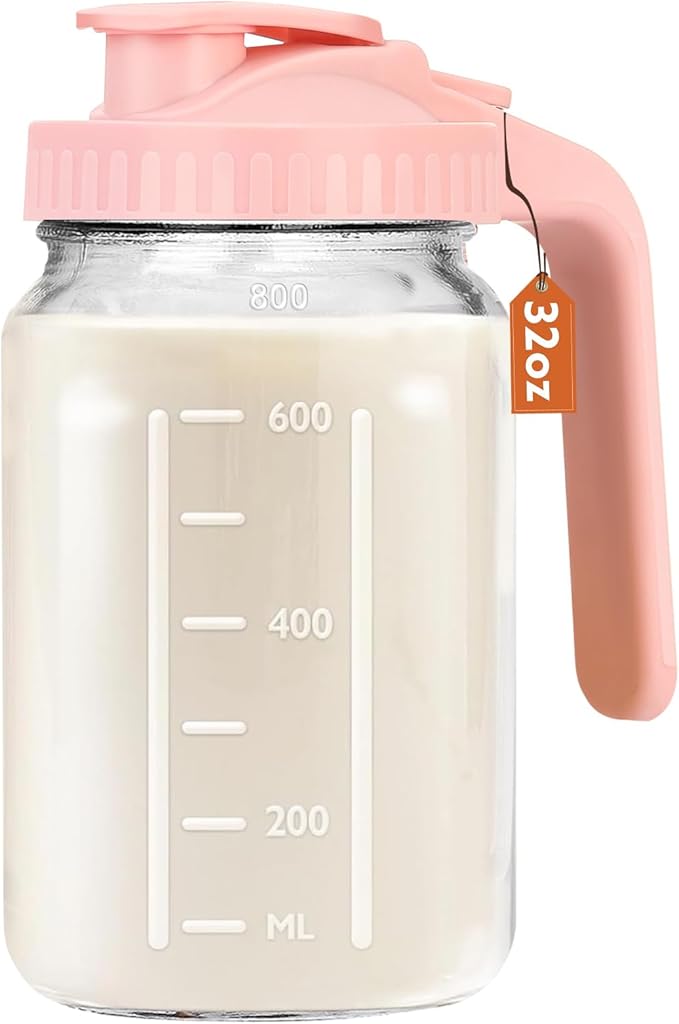 Breast Milk Pitcher, 32 OZ Mason Jar Pitcher with Lid Double Leak Proof,1 Quart Breastmilk Storage Containers for Fridge, Glass Jug for Sun Tea, Juice, Cold Brew Coffee