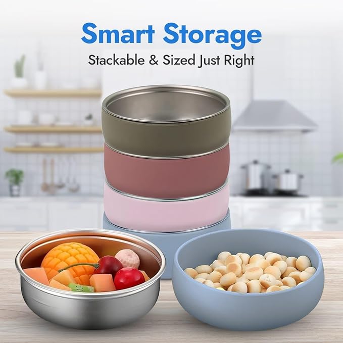 4 Pack Stainless Steel Bowls for Kids - BPA-Free 5" Baby Bowls with Removable Silicone Base - Non-Slip Toddler Bowls for Snacks & Meals (Classic Colors)