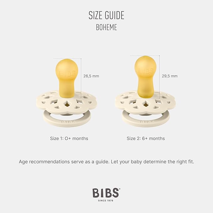 BIBS Boheme Pacifier 4-Pack. BPA Free Dummy Pacifier, Round Nipple. Natural Rubber Latex, Made in Denmark, Size 2 (6-18 Months), Ivory