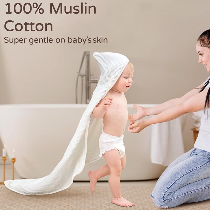 Yoofoss Hooded Baby Towels for Newborn 2 Pack 100% Muslin Organic Cotton Baby Bath Towel with Hood for Babies, Infant, Toddler and Kids, 32x32Inch, Soft and Absorbent Newborn Essential,White-2 Pack