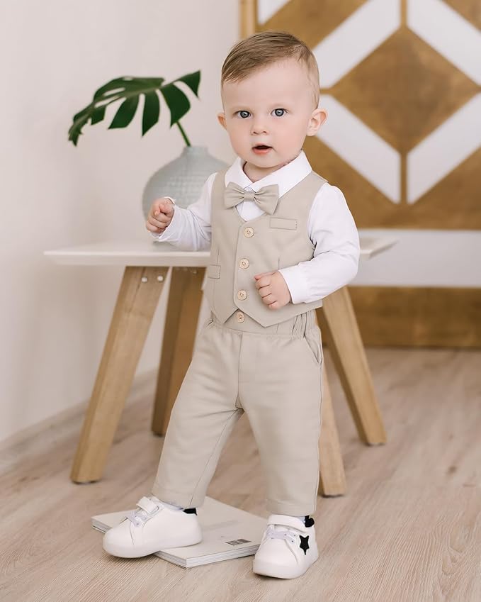 Baby Boy Clothes Suits Infant Gentleman Wedding Outfit Formal Dress Shirt Vest Bowtie Pants 4Pcs Baby Suit Sets