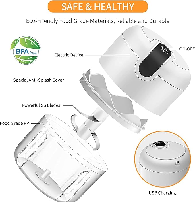 Electric Mini Garlic Chopper,Food Processor,Portable Cordless Garlic Mincer Masher,Meat Grinder with USB Charging For Vegetable,Chili,Fruits,Ginger,Baby Food,Seasoning 250ml(White)