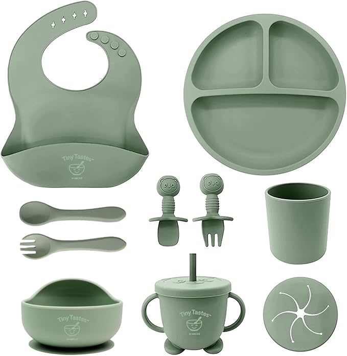 10-Piece Silicone Baby Feeding Set – BPA-Free, Spill-Proof Suction Plate, Bowl, Bib, Snack Cup & Utensils | Dishwasher Safe, Baby Gift Ready (Green)