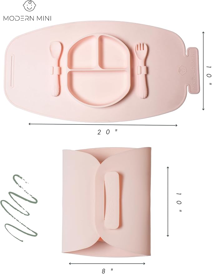 Modern Mini - Silicone Suction Plate for Baby and Toddler, Divided Plate with Fork & Spoon - Unbreakable, Non-Toxic, Food Grade Silicone, Strong Suction Grip, Spill Proof, & Foldable for Travel!