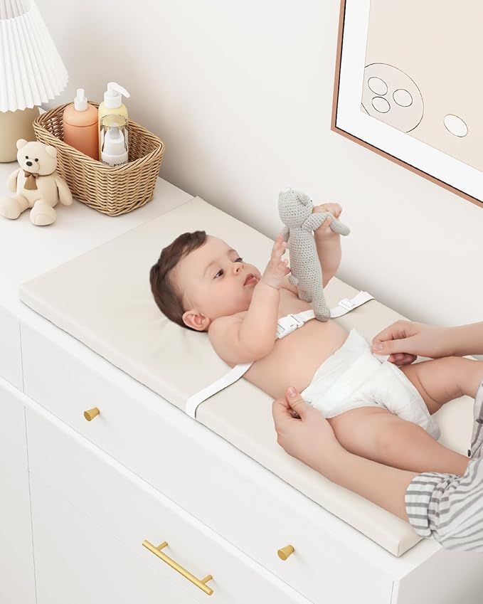 Wipeable Baby Changing Pad for Dresser and Table, Cozy Diaper Changing Pad with Waterproof & Wipe-Clean Leather Cover, Standard Size (31.5" L x 15.8" W), Off-White