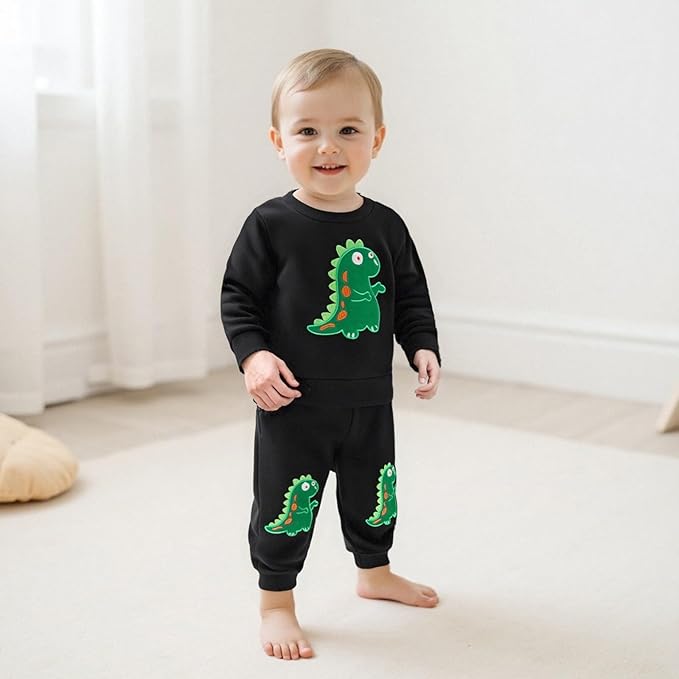 Nyapruwe Toddler Baby Boy Fall Outfit Funny Print Long Sleeve Sweatshirt Joggers Pants Set Kids Warm Winter Clothes