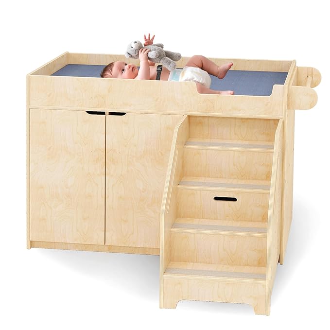 Wooden Baby Changing Table with Stairs & Storage, 100% Birch Plywood Toddler Diaper Changing Station with Tissue Holder, Montessori Furniture for Daycare, Nursery, Home, School