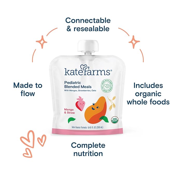 KATE FARMS Organic Pediatric Blended Meal, Mango and Strawberry, 8g protein, organic whole foods, oral or tube feed nutrition, Gluten Free, Non-GMO, 8.45 oz (12 Pack)