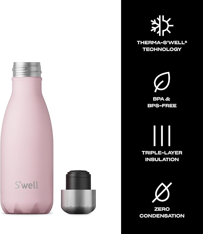 S'well Stainless Steel Water Bottle, 9oz, Pink Topaz, Triple Layered Vacuum Insulated Containers Keeps Drinks Cold for 24 Hours and Hot for 12, BPA Free, Perfect for On the Go