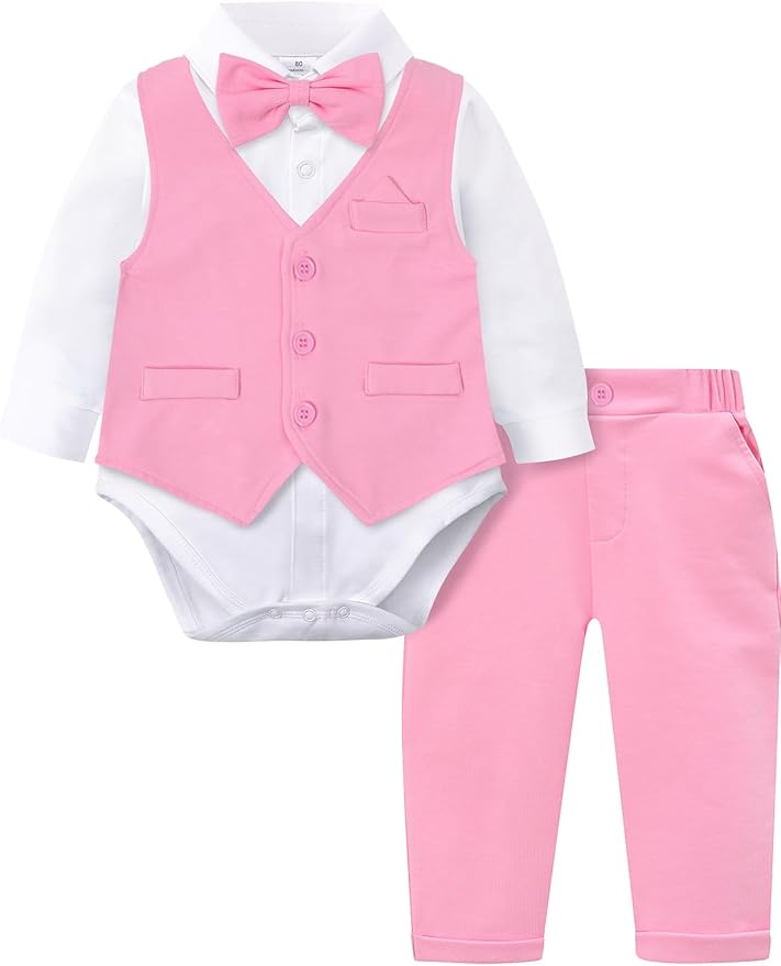 A&J DESIGN Baby Boy Suits Clothes Infant Toddler Formal Gentleman Outfits, Dress Shirt + Vest + Bow Tie + Pants Wedding Set