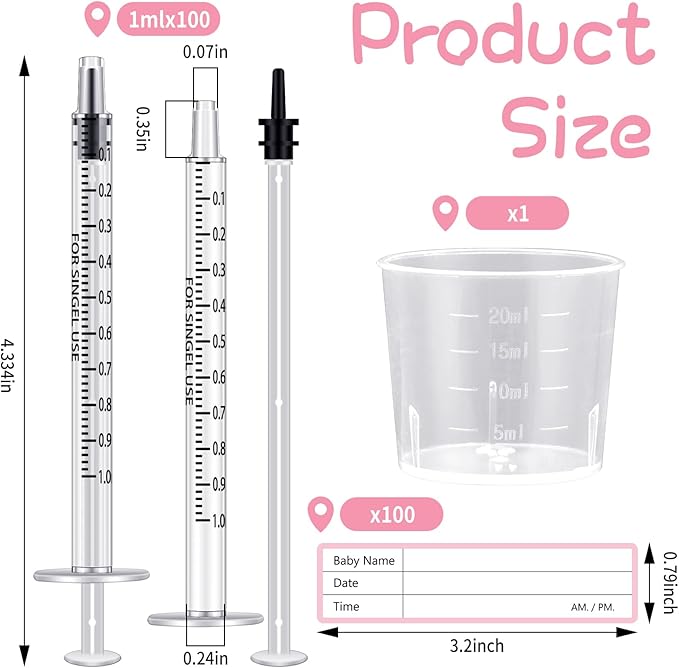 Trelaco Colostrum Collector Kit Include Sterile Sealed Breast Milk Syringes with Caps No Needle Colostrum Syringes Stickers 1 Measuring Cup Harvesting Collection for Breastmilk(100 Sets,1 ml)
