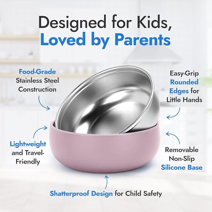 4 Pack Stainless Steel Bowls for Kids - BPA-Free 5" Baby Bowls with Removable Silicone Base - Non-Slip Toddler Bowls for Snacks & Meals (Classic Colors)