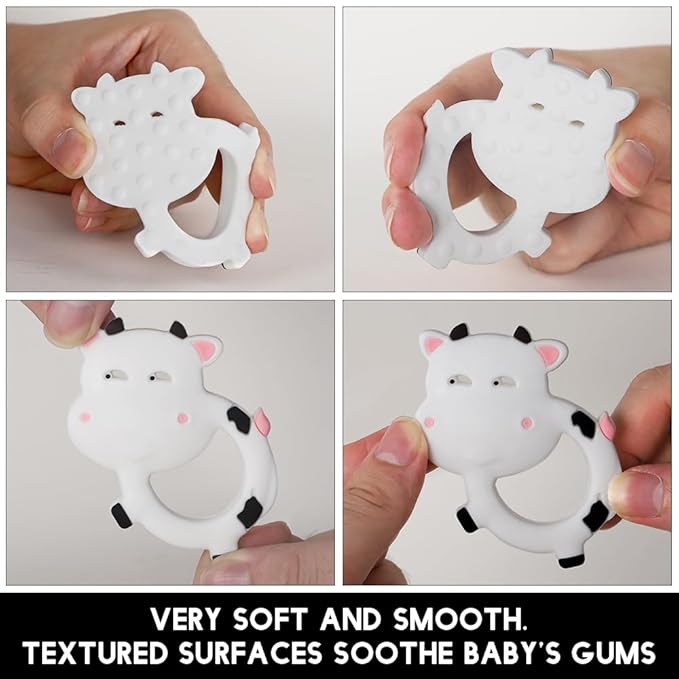 Baby Teething Toys,Food Grade Silicone Teether with One-Piece Pacifier Clip Holder,Shower Gift,Highly Effective Pain Relief for 3 Months+ Boy and Girl,BPA Free,Freezer Safe. (White Cow)