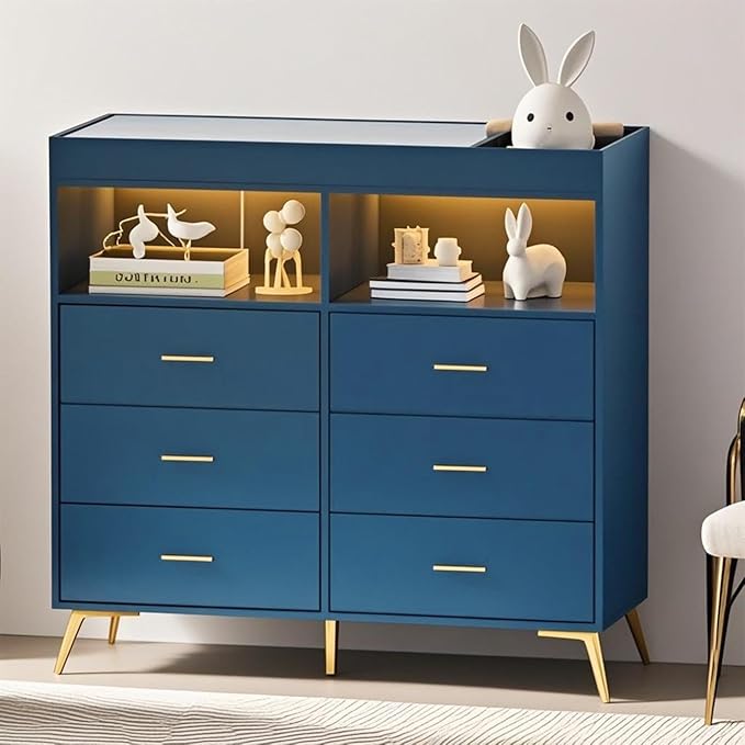 Changing Table Dresser with Drawers, Baby Dresser with Changing Table Top, Power Outlet, LED Light & Metal Feet, Diaper Changing Station Nursery Organizer for Infants Newborn (Blue)