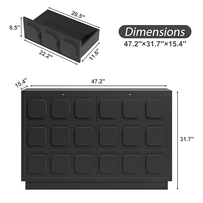 Anbuy Black Baby Dresser for Bedroom, Dresser for Baby with 6 Drawers, Storage and Organization Unit with Square Handles for Nursery, Kids Bedroom