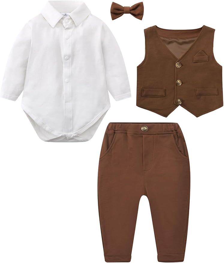 A&J DESIGN Baby Boy Suits Clothes Infant Toddler Formal Gentleman Outfits, Dress Shirt + Vest + Bow Tie + Pants Wedding Set