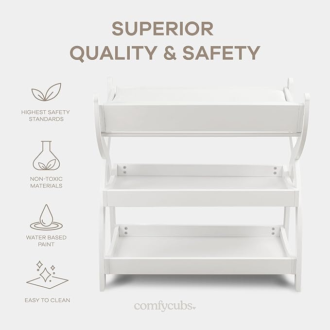 Comfy Cubs Baby Changing Table - Sturdy Wood Construction, Timeless Look Baby Change Table with Two Open Shelves for Infant Daycare Essentials Storage - White
