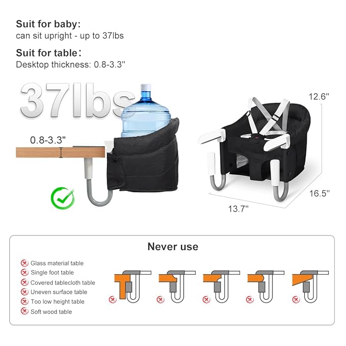 MTWML Hook On High Chair with Tray,Portable Baby High Chair That Attaches to Table,Clip On Fast Table Seat for Babies and Toddlers.Baby Feeding Seat for Dining Tables and Counter(Pure-Black)