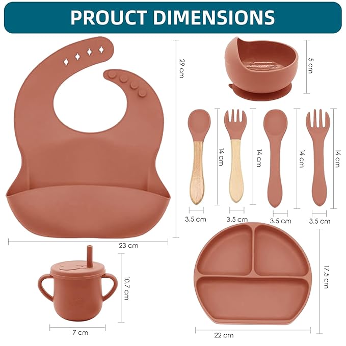 100% Silicone Baby Feeding Set,BPA Free Baby Dishes Set with Suction Bowl Divided Plate,Toddler Self Feeding Dish Set with Spoons Forks Sippy Cup and Bib, Baby Eating Utensils(Carrot)