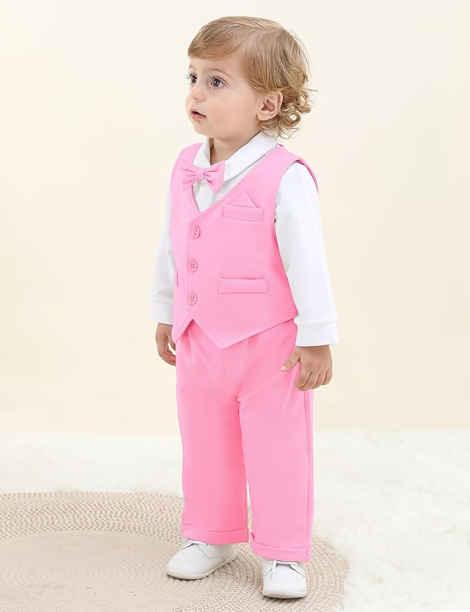 A&J DESIGN Baby Boy Suits Clothes Infant Toddler Formal Gentleman Outfits, Dress Shirt + Vest + Bow Tie + Pants Wedding Set