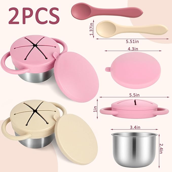 2 Pack Stainless Steel Toddler Snack Cups,Snack Containers For Kids,Baby Food Catcher Spill Proof,Bpa-Free,Food Grade Silicone,Spoon Is Included