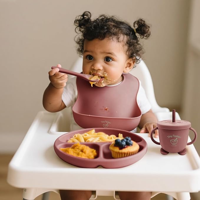10-Piece Silicone Baby Feeding Set – BPA-Free, Spill-Proof Suction Plate, Bowl, Bib, Snack Cup & Utensils | Dishwasher Safe, Baby Gift Ready (Dark Pink)