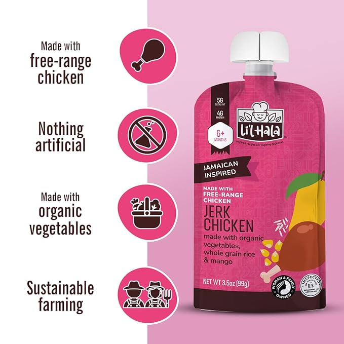 Li’l Hala Jerk Chicken Baby Food Pouches – Free-Range Chicken & Organic Veggies – Toddler Meals with Meat – Protein & Healthy Fats Puree – No Hormones – 6+ Months – 3.5 oz (12 Pack)