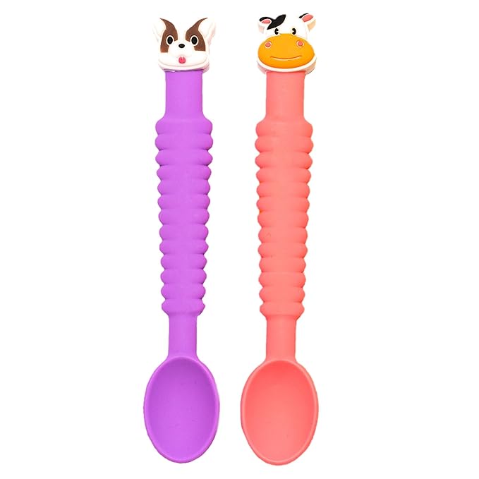 3-in-1 Silicone Baby Spoon Self Feeding 6+ Months - Pediatric OT Designed Teether Spoon, BPA Free Toddler Utensils, Mess-Free, Fun for Baby Led Weaning Supplies, Dog & Cow