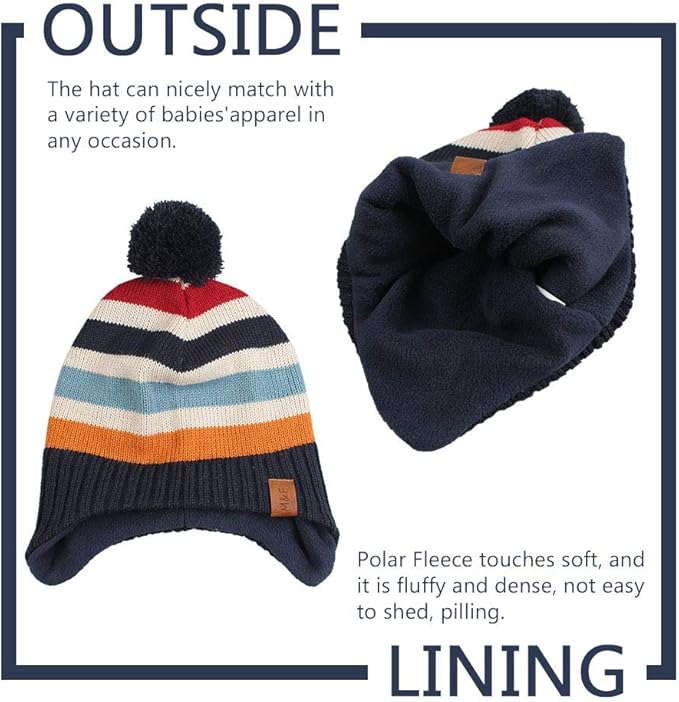 JANGANNSA Knitted Baby Hat Scarf Set Winter Warm Boys Girls Beanie Fleece Lining Toddler Kids Hats with Pompom