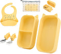 Portable Baby Plates with Suction, 6Pcs Travel Silicone Feeding Set for Toddlers, Foldable, Non-Slip Dishwasher Safe Plates & Utensils, BPA Free, Cat Design Gift Ready(Pale Yellow)