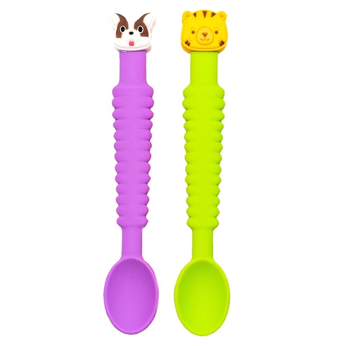 3-in-1 Silicone Baby Spoon Self Feeding 6+ Months - Pediatric OT Designed Teether Spoon, BPA Free Toddler Utensils, Mess-Free, Fun for Baby Led Weaning Supplies, Dog & Tiger