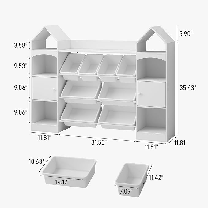 Vabches 55" Castle Shape Children's Toy Storage Organizer,Multifunctional Bookshelf with 8 Plastics Bins, Children's Bookcase with 6 Shelves and 2 cabinets for Playroom,Kid's Room,Living Room.