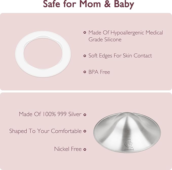 Boboduck The Original Silver Nursing Cups - 999 Silver Nipple Covers Breastfeeding - Protect and Soothe Sore Nipples - Breastfeeding Essentials Silver Nipple Guards with Soft Silicone Ring (X-Large)