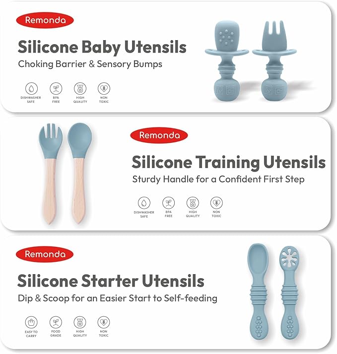Remonda 23-Piece BPA-Free Silicone Baby Feeding Set | Extra Large Suction Plates, Toddler Bowls, Self Feeding Spoons, and More | Dishwasher Safe| Baby Led Weaning Supplies (Blue)