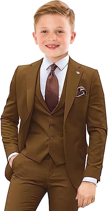 Boys Suit 4 Piece Slim Fit Kids Tuxedo Suit Formal Wedding Outfit Blazer Vest Pants Set with Tie