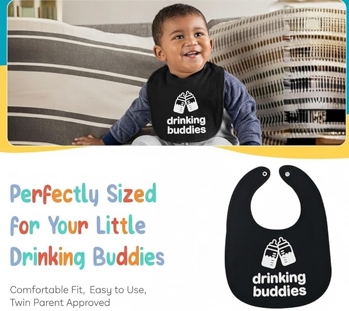 100% Cotton Drinking Buddies Twin Bibs Cute & Practical Unisex Bibs for Twins with Waterproof, Durable, for Everyday Use