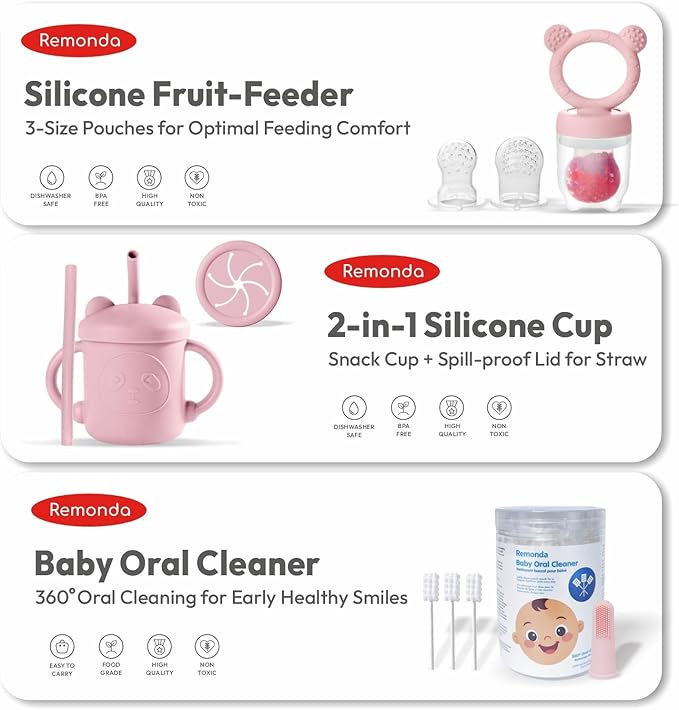 Remonda 23-Piece BPA-Free Silicone Baby Feeding Set | Extra Large Suction Plates, Toddler Bowls, Self Feeding Spoons, and More | Dishwasher Safe| Baby Led Weaning Supplies (Pink)