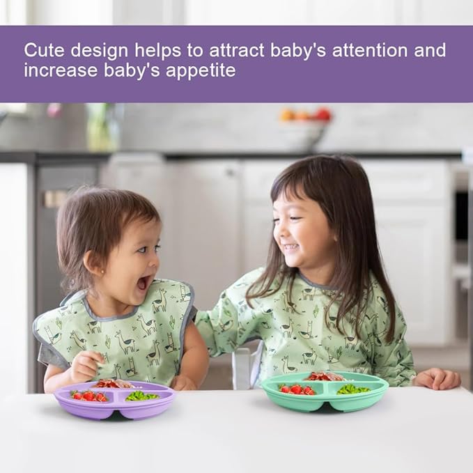 Vicloon Toddler Plates, 3 Pcs Silicone Baby Plates, BPA Free Suction Plates with Lids for Babies and Toddlers, Suction Plate Feature, Divided Plate Design,Toddler Plate Microwave&Dishwasher Safe