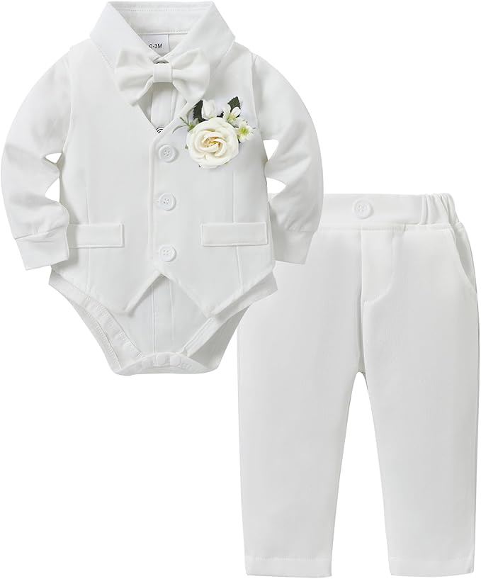 Coco&RARA Baby Boy Clothes Suits Infant Gentleman Outfits, Formal Dress Shirt+Vest+Corsage+tie+Pants Baby Suit Set 0-18M
