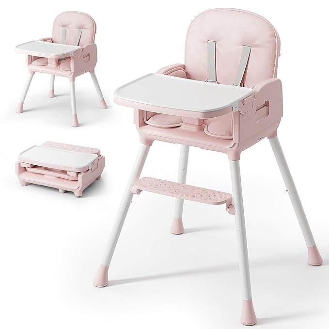 3-in-1 Portable Baby High Chair for Babies and Toddlers, Convertible Easy Clean Infant Foldable Highchair with Adjustable Legs & Dishwasher Safe Tray, Pink