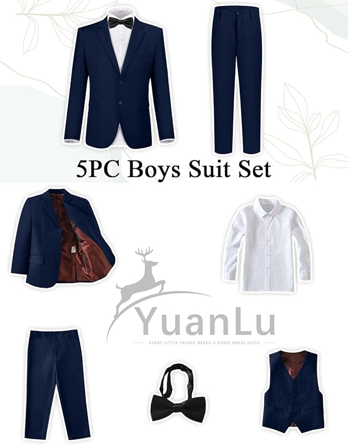 YuanLu Boys Suit for Kids Tuxedo Wedding Ring Bearer Outfit, 5 Piece Boy Slim Fit Formal Suits with Adjustable Waist