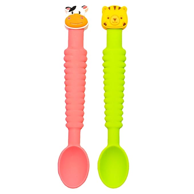 3-in-1 Silicone Baby Spoon Self Feeding 6+ Months - Pediatric OT Designed Teether Spoon, BPA Free Toddler Utensils, Mess-Free, Fun for Baby Led Weaning Supplies, Cow & Tiger