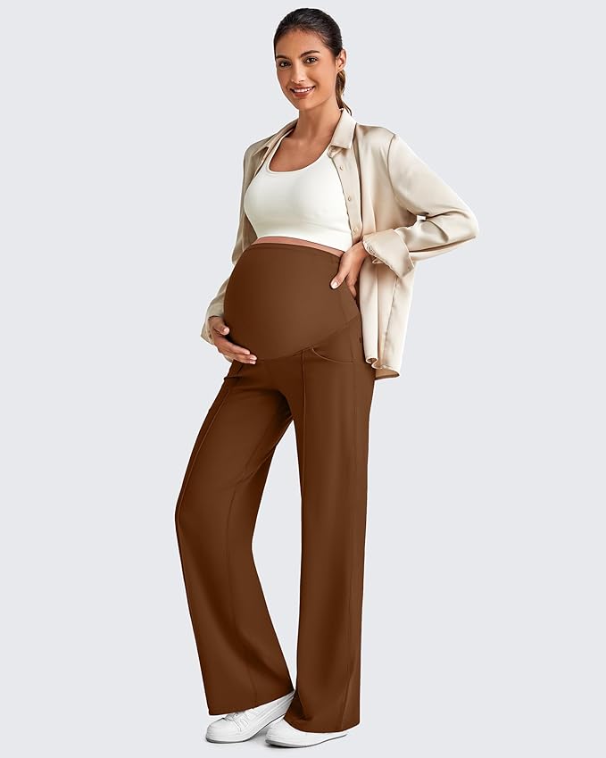 G4Free Maternity Dress Yoga Pants with Pockets Over The Belly Stretchy Work Slack Pregnancy Wide Leg Lounge Trousers