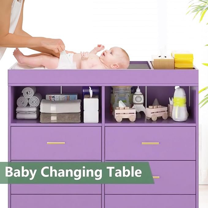 Changing Table Dresser with Drawers, Baby Dresser with Changing Table Top, Power Outlet, LED Light & Metal Feet, Diaper Changing Station Nursery Organizer for Infants Newborn (Purple)