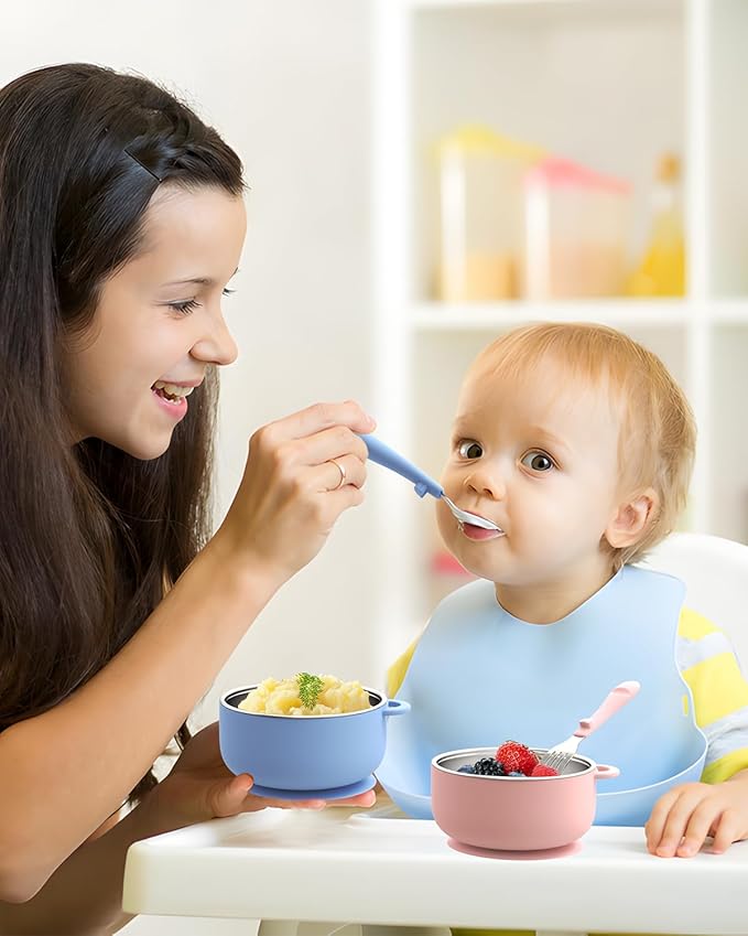 Toddler Feeding Suction Bowls and Utensils Set, 2-in-1 Stainless Steel 304 Kids Bowl & Silicone Suction Baby Bowl with Spoons and Forks, First Self-feeding Training Set, Sunrise Meadow